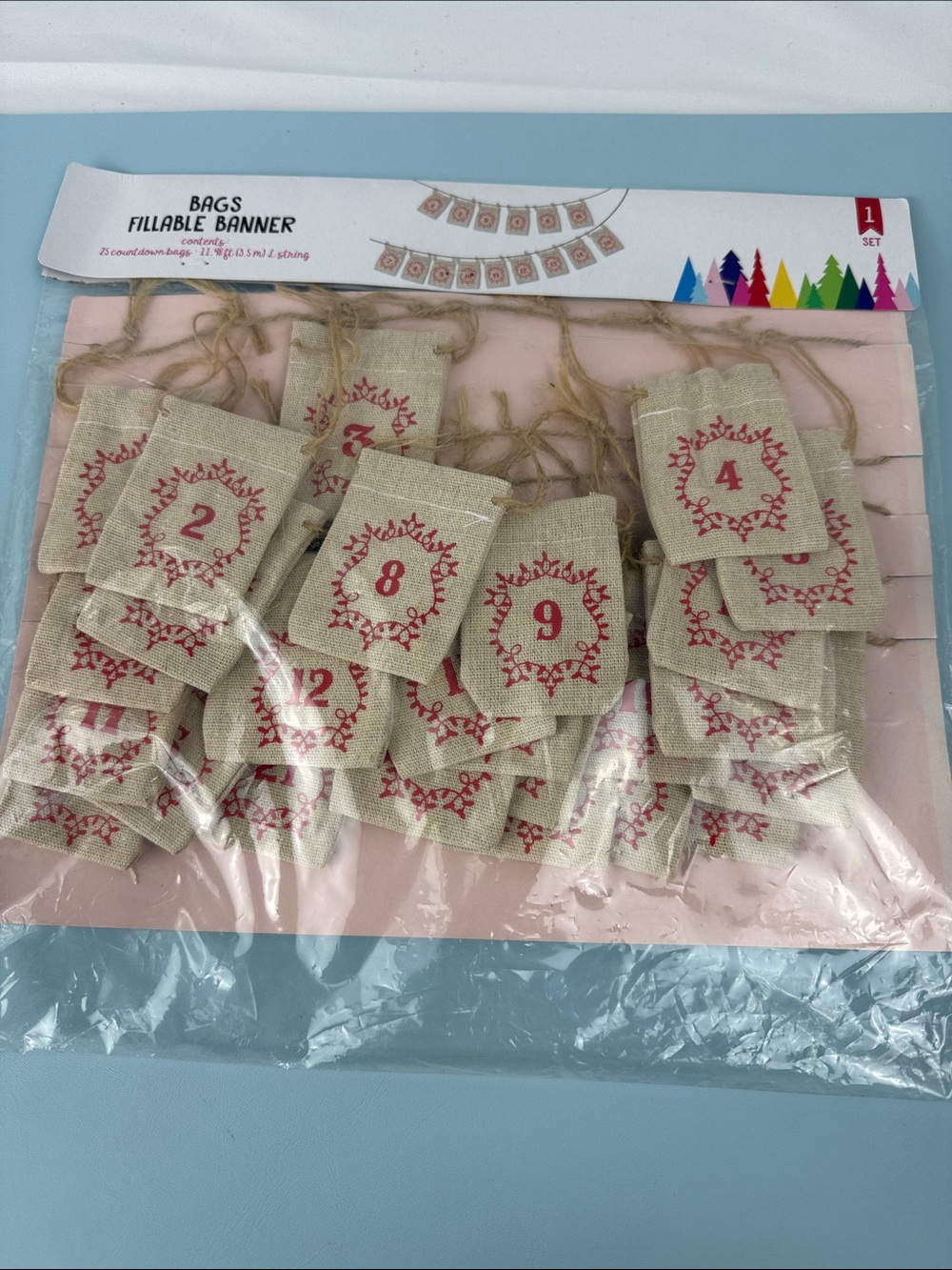 Advent Calendar Numbered Fillable Banner Bags - Red Stamped on Natural Burlap